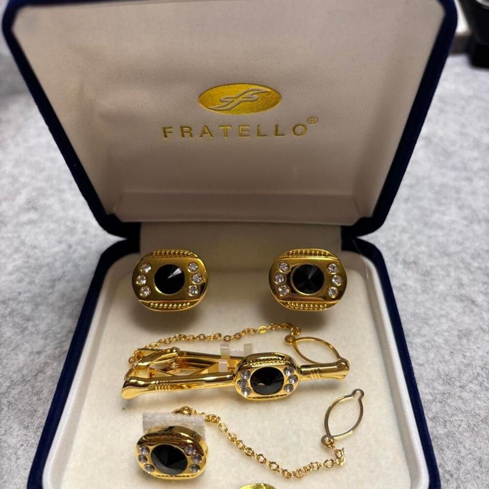 Vintage Fratello Black Rhinestone Cufflinks & Tie Bar Set